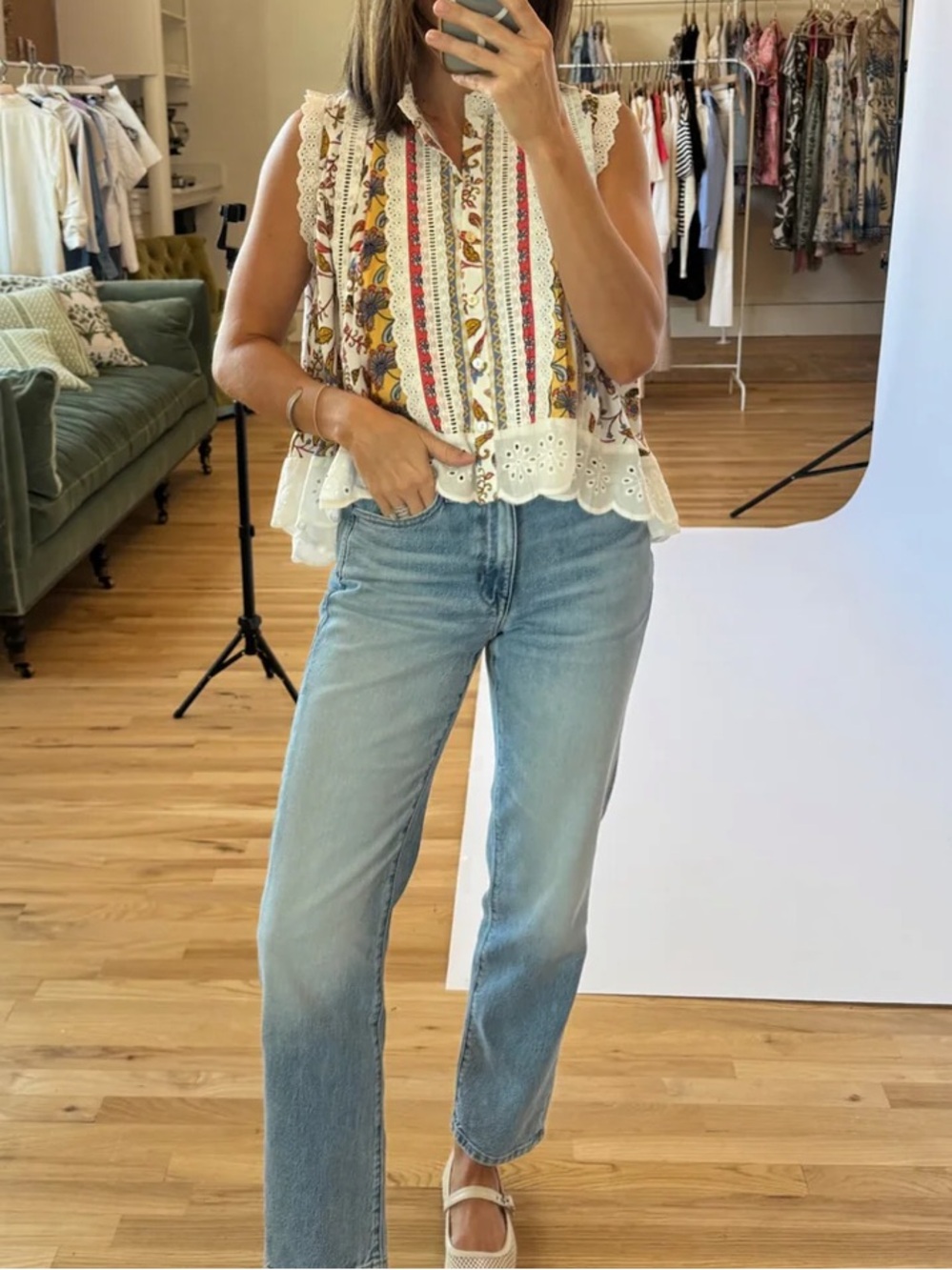 Teddy Rose Cleo Breezy Eyelet Trim Top - White with Multi-Color Print